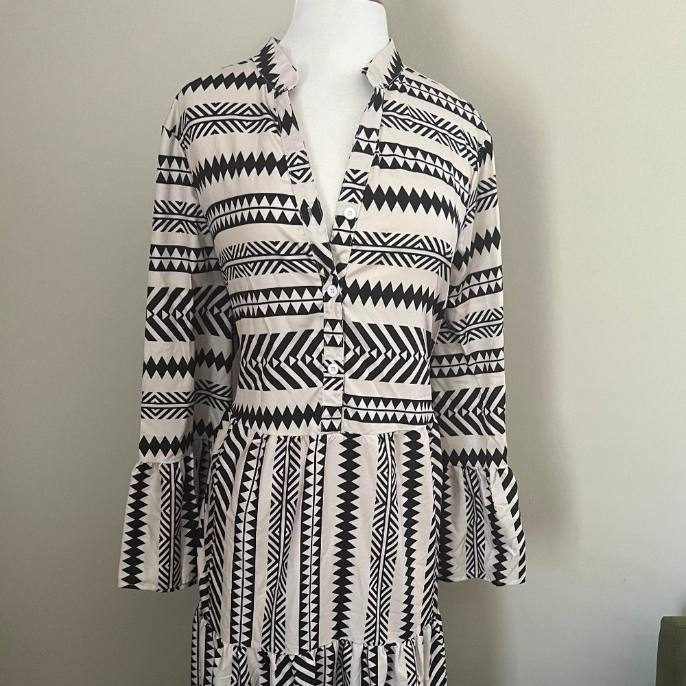 Ivory and Black Printed Maxi Dress with Sleeves